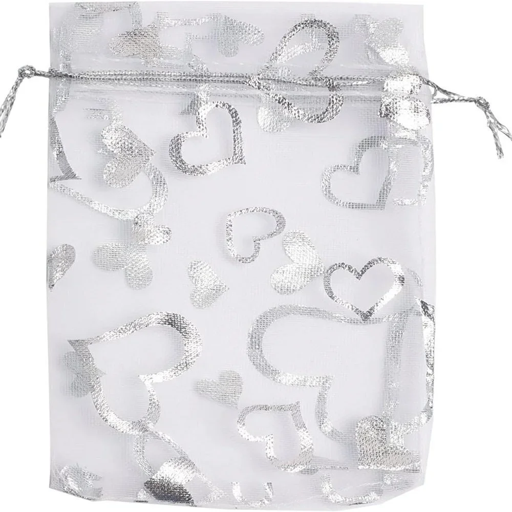 Wedding Organza Drawstring Bag 50 pc White/Silver with Hearts. BRAND NEW